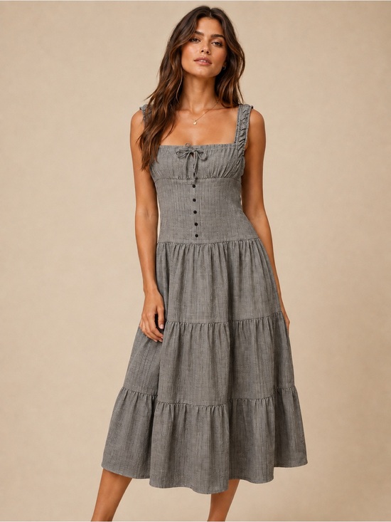 Lioness Dresses & Skirts - LIONESS Onyx Gingham Check Square Corset Neck Tiered Ballerina Corset Maxi Dress